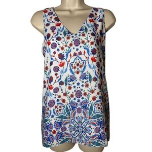 Adrienne Vittadini Tank Top Floral Flowy Blue Red V Neck Lined Womens Size S